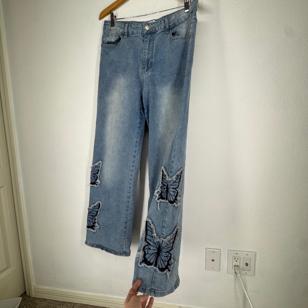 Embroidered Butterfly Jeans 32‎ Flare High Rise Waist Y2K Indie Festival Boho